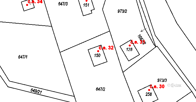 Řehenice 32 na parcele st. 150 v KÚ Malešín, Katastrální mapa