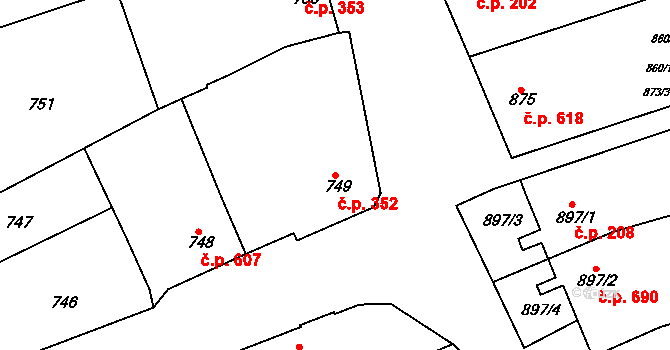 Šardice 352 na parcele st. 749 v KÚ Šardice, Katastrální mapa