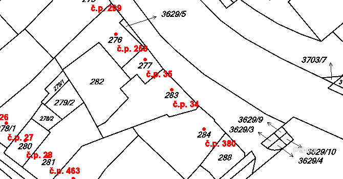 Vyškov-Předměstí 34, Vyškov na parcele st. 283 v KÚ Vyškov, Katastrální mapa