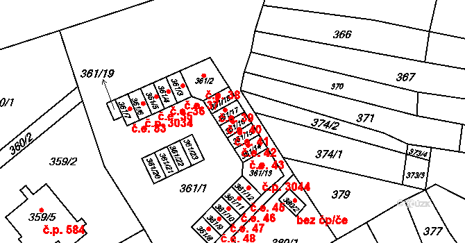 Vyškov-Předměstí 41, Vyškov na parcele st. 361/16 v KÚ Vyškov, Katastrální mapa