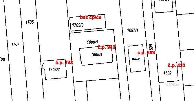 Veverská Bítýška 942 na parcele st. 1699/4 v KÚ Veverská Bítýška, Katastrální mapa