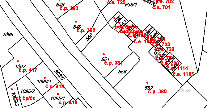 Děčín IV-Podmokly 381, Děčín na parcele st. 551 v KÚ Podmokly, Katastrální mapa