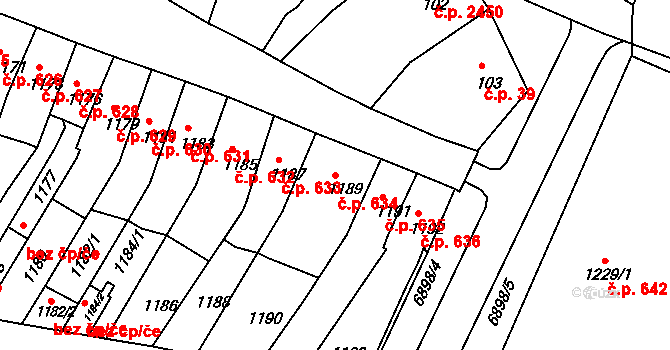 Boskovice 634 na parcele st. 1189 v KÚ Boskovice, Katastrální mapa