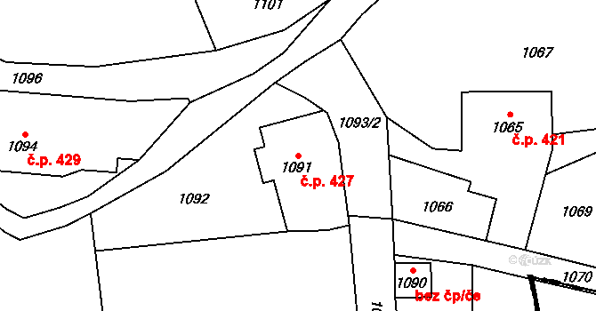 Staříč 427 na parcele st. 1091 v KÚ Staříč, Katastrální mapa