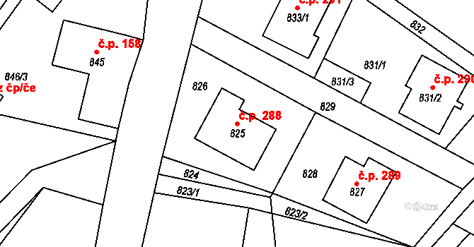 Zaječov 288 na parcele st. 825 v KÚ Zaječov, Katastrální mapa