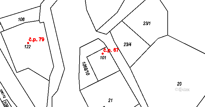 Chmelík 67 na parcele st. 101 v KÚ Chmelík, Katastrální mapa