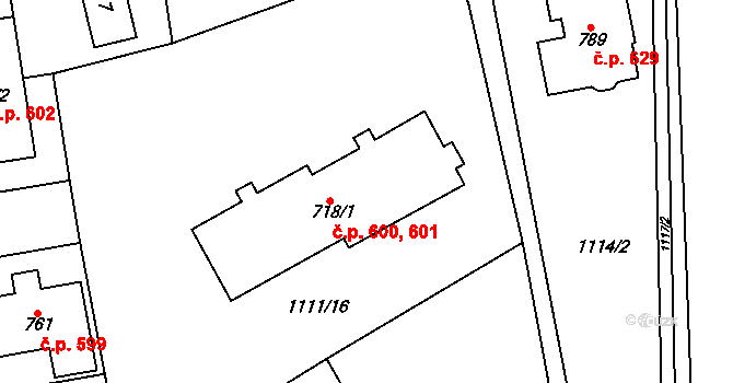 Kopidlno 600,601 na parcele st. 718/1 v KÚ Kopidlno, Katastrální mapa