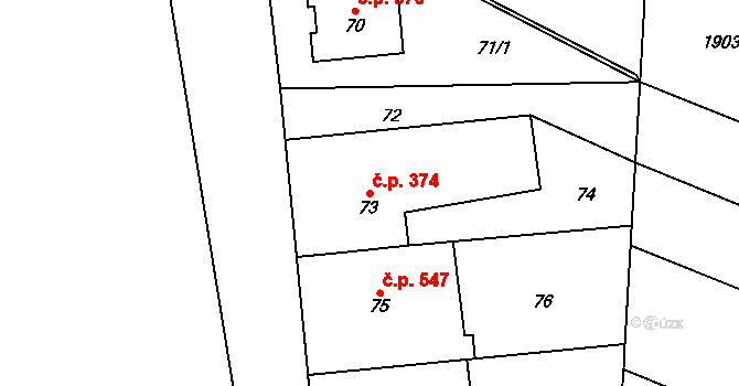Mostkovice 374 na parcele st. 73 v KÚ Stichovice, Katastrální mapa