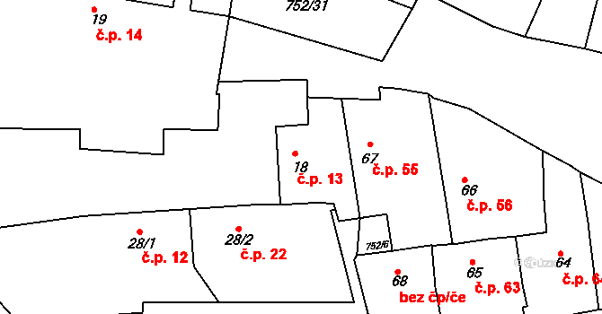 Pnětluky 13 na parcele st. 18 v KÚ Pnětluky, Katastrální mapa