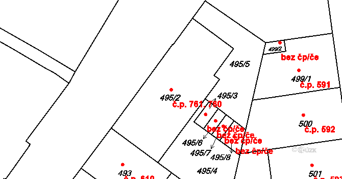 Podolí 760,761, Praha na parcele st. 495/2 v KÚ Podolí, Katastrální mapa