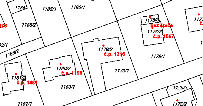 Modřany 1316, Praha na parcele st. 1179/2 v KÚ Modřany, Katastrální mapa