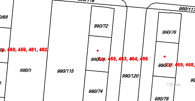 Čimice 463,464,465,466, Praha na parcele st. 990/73 v KÚ Čimice, Katastrální mapa