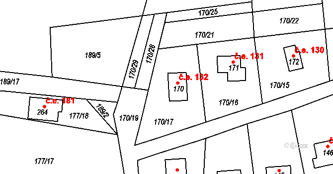 Pouště 132, Mokrovraty na parcele st. 170 v KÚ Pouště, Katastrální mapa