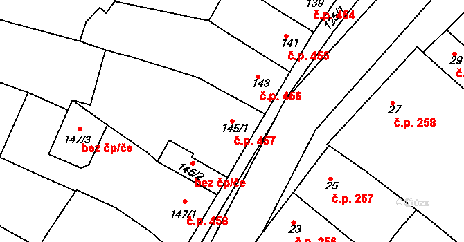 Ořechov 457 na parcele st. 145/1 v KÚ Ořechov, Katastrální mapa