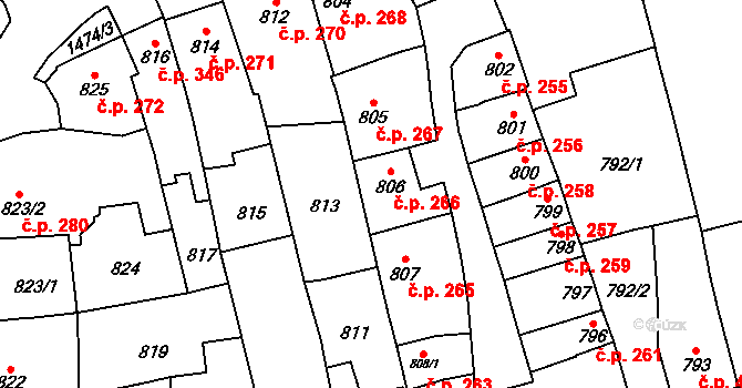 Šlapanice 266 na parcele st. 806 v KÚ Šlapanice u Brna, Katastrální mapa