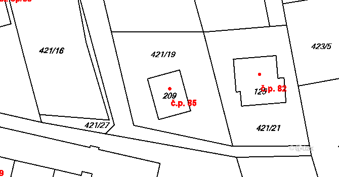 Babina 85, Plasy na parcele st. 209 v KÚ Babina, Katastrální mapa