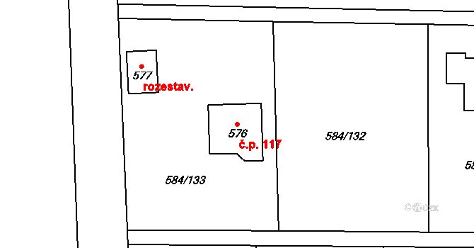 Vidovice 117, Kunice na parcele st. 576 v KÚ Dolní Lomnice u Kunic, Katastrální mapa