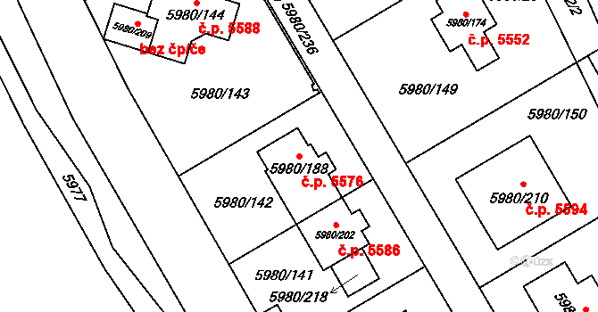 Chomutov 5576 na parcele st. 5980/188 v KÚ Chomutov I, Katastrální mapa