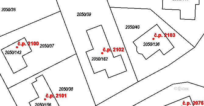 Pelhřimov 2102 na parcele st. 2050/162 v KÚ Pelhřimov, Katastrální mapa