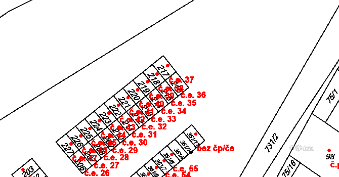 Mariánské Radčice 35 na parcele st. 215 v KÚ Mariánské Radčice, Katastrální mapa