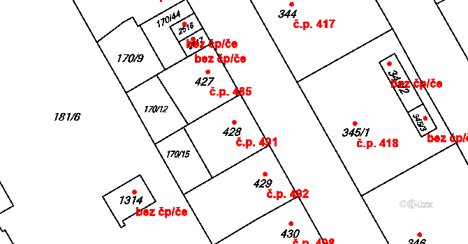 Mariánské Hory 491, Ostrava na parcele st. 428 v KÚ Mariánské Hory, Katastrální mapa