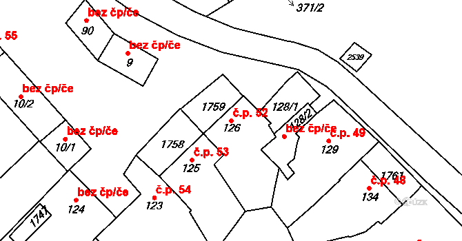 Hostěrádky-Rešov 52 na parcele st. 126 v KÚ Hostěrádky, Katastrální mapa