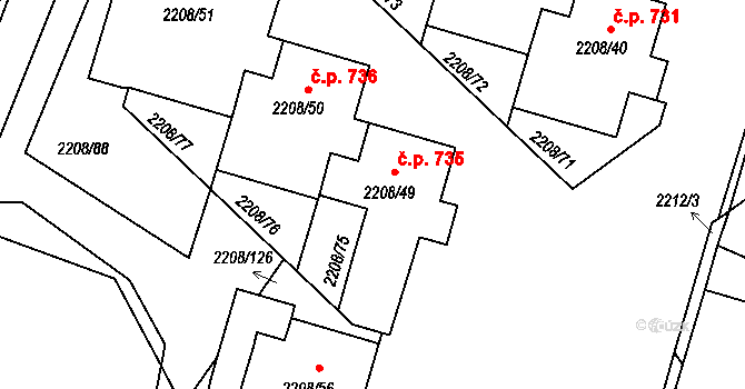 Veselí nad Lužnicí II 735, Veselí nad Lužnicí na parcele st. 2208/49 v KÚ Veselí nad Lužnicí, Katastrální mapa