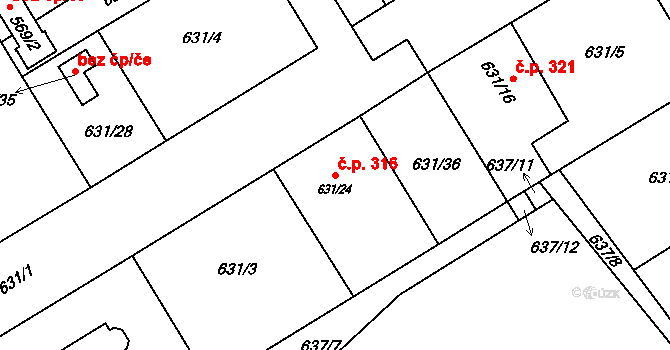 Josefov 316, Jaroměř na parcele st. 631/24 v KÚ Josefov u Jaroměře, Katastrální mapa