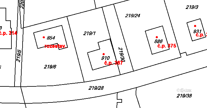 Řež 367, Husinec na parcele st. 910 v KÚ Husinec u Řeže, Katastrální mapa
