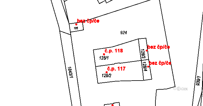 Čeminy 118 na parcele st. 128/1 v KÚ Čeminy, Katastrální mapa