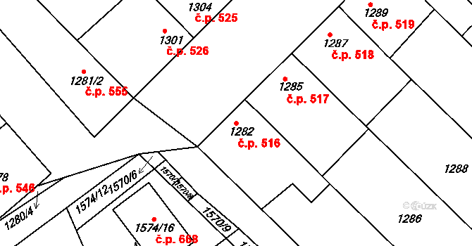 Hrušky 516 na parcele st. 1282 v KÚ Hrušky, Katastrální mapa