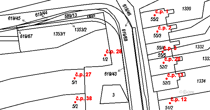Sulimov 28 na parcele st. 1/2 v KÚ Sulimov, Katastrální mapa