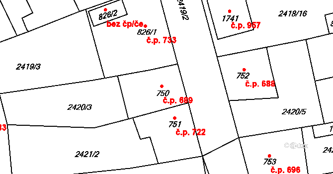 Dobřany 689 na parcele st. 750 v KÚ Dobřany, Katastrální mapa