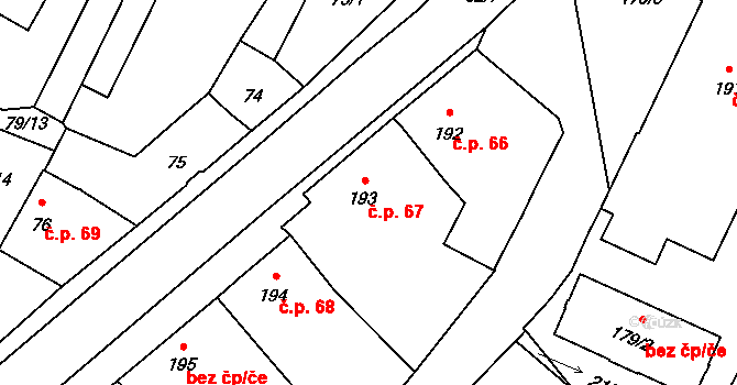 Těšetice 67 na parcele st. 193 v KÚ Těšetice u Znojma, Katastrální mapa