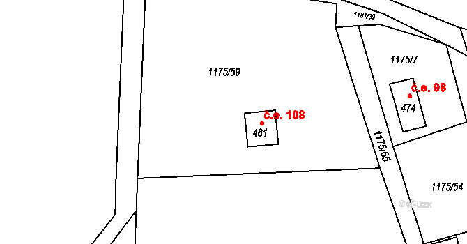 Vranov nad Dyjí 108 na parcele st. 481 v KÚ Vranov nad Dyjí, Katastrální mapa