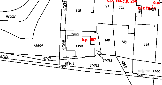 Dolní Měcholupy 697, Praha na parcele st. 149/1 v KÚ Dolní Měcholupy, Katastrální mapa