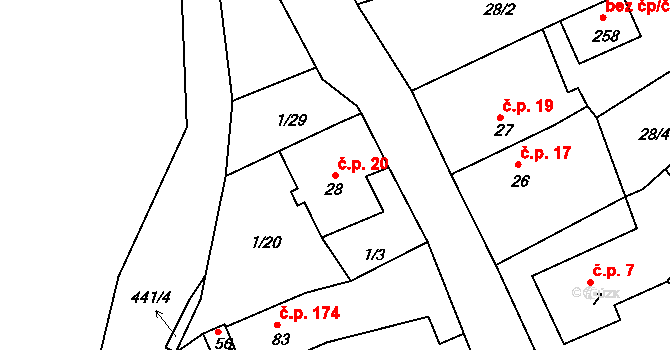 Merklín 20 na parcele st. 28 v KÚ Merklín u Karlových Var, Katastrální mapa