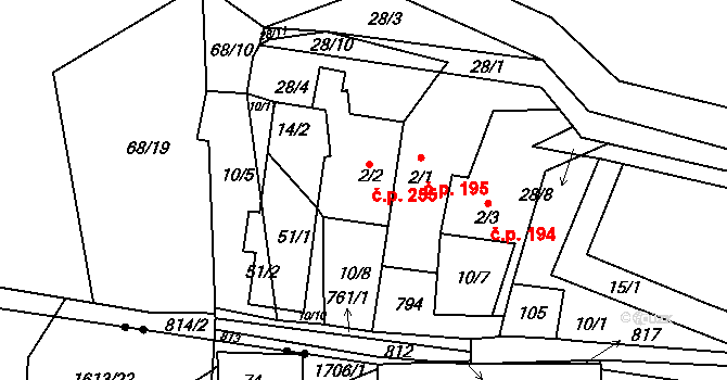 Dobronín 255 na parcele st. 2/2 v KÚ Střelecká, Katastrální mapa