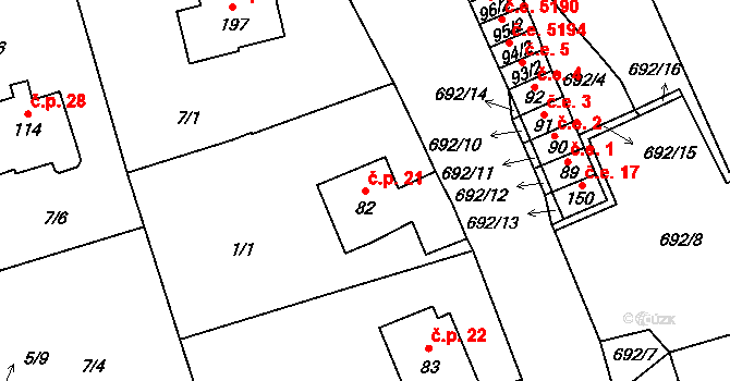 Hosov 21, Jihlava na parcele st. 82 v KÚ Hosov, Katastrální mapa