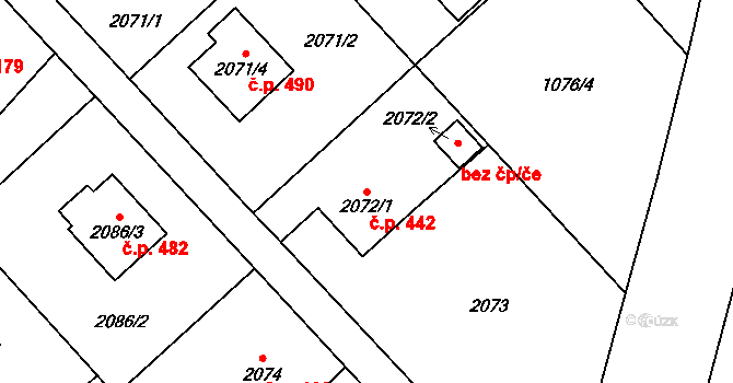 Fryčovice 442 na parcele st. 2072/1 v KÚ Fryčovice, Katastrální mapa