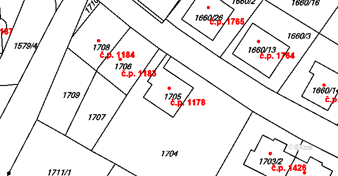 Děčín VI-Letná 1178, Děčín na parcele st. 1705 v KÚ Podmokly, Katastrální mapa