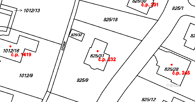 Mohelnice 232 na parcele st. 825/31 v KÚ Mohelnice, Katastrální mapa