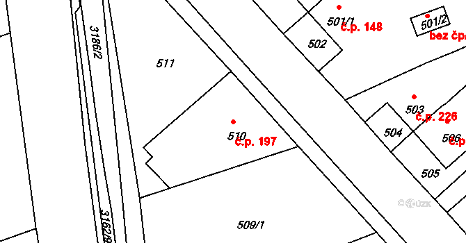 Planá nad Lužnicí 197 na parcele st. 510 v KÚ Planá nad Lužnicí, Katastrální mapa