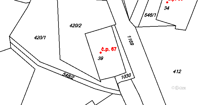 Jinín 67 na parcele st. 39 v KÚ Zorkovice, Katastrální mapa