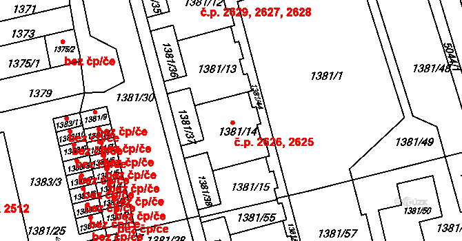 Královo Pole 2626, Brno na parcele st. 1381/14 v KÚ Královo Pole, Katastrální mapa