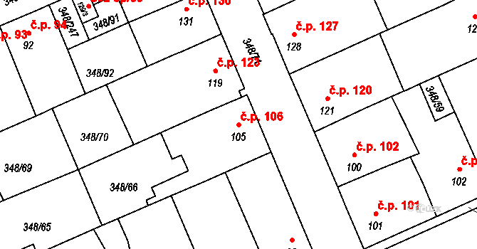 Černčice 106 na parcele st. 105 v KÚ Černčice u Loun, Katastrální mapa