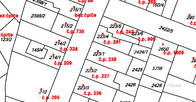 Rosice 238 na parcele st. 223/1 v KÚ Rosice u Brna, Katastrální mapa