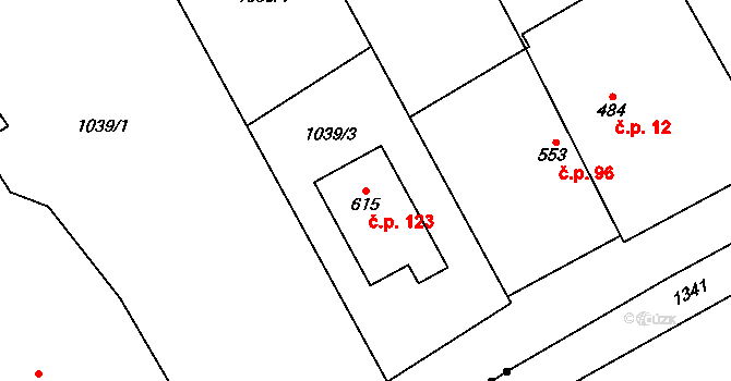 Bělušice 123 na parcele st. 615 v KÚ Bělušice, Katastrální mapa