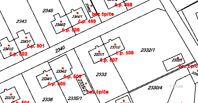 Prostřední Suchá 507, Havířov na parcele st. 2331/1 v KÚ Prostřední Suchá, Katastrální mapa