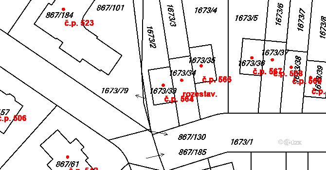 Hřebeč 564 na parcele st. 1673/33 v KÚ Hřebeč, Katastrální mapa